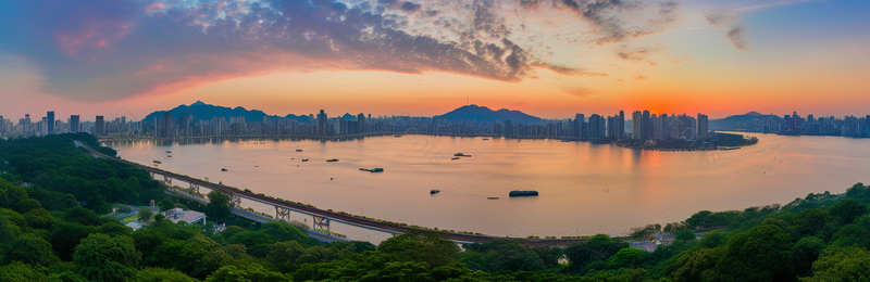 落日前的壮阔美丽城市与湖面的景色,高清,摄影图,摄影图片,图片大全,摄影图免费下载